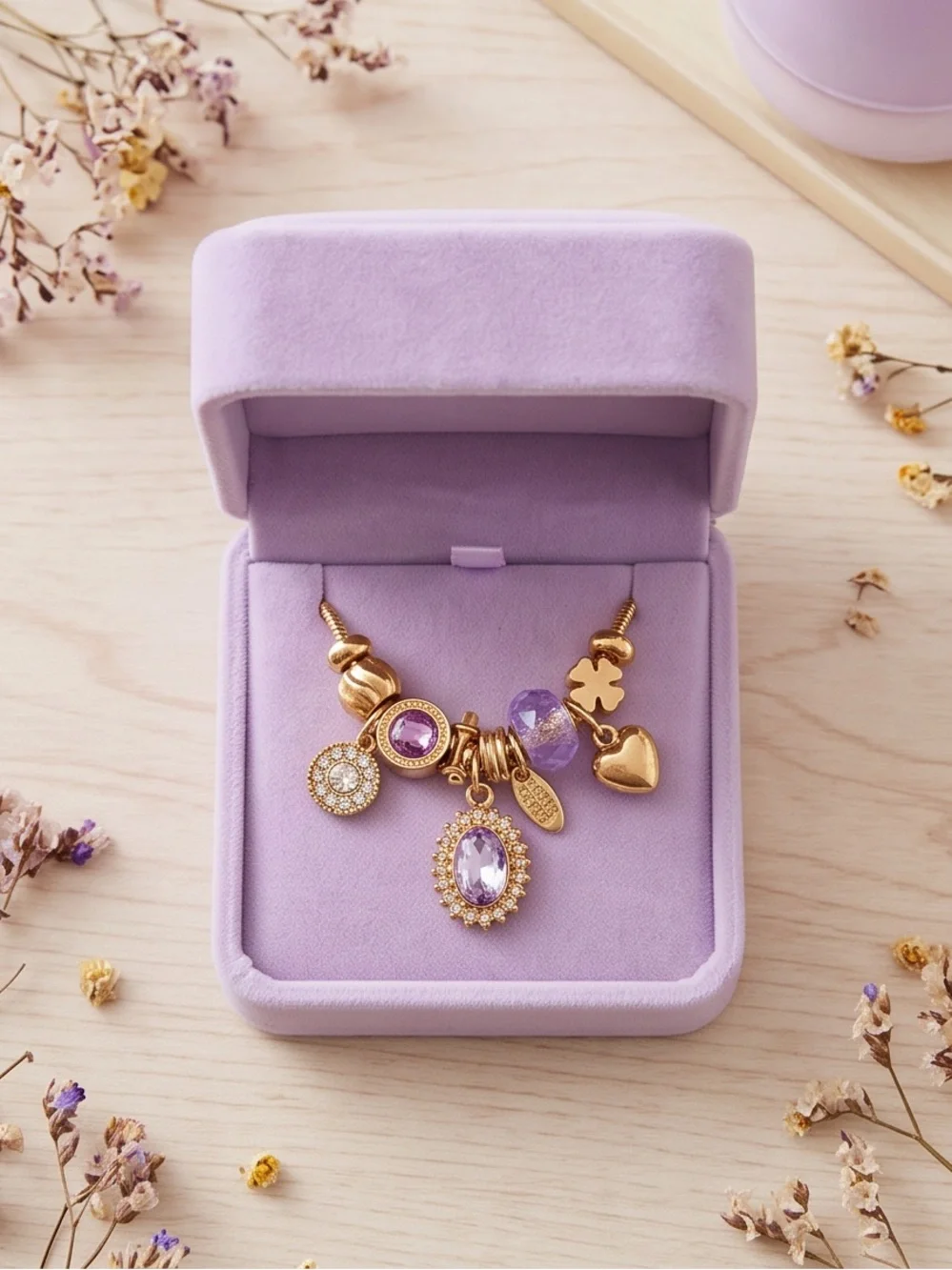 Gold & Lavender Crystal Charm Necklace for Tweens / Girls (16-18 Inches)